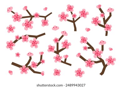Set of paper cut stylized blooming sakura branches and flowers isolated on white background. Seasonal Japanese natural elements.