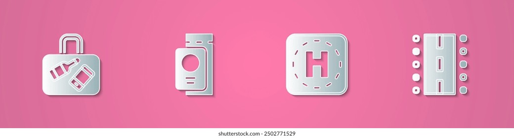 Set paper cut Suitcase, Passport with ticket, Helicopter landing pad and Airport runway icon. Paper art style. Vector