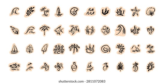 Set of paper cut summer minimalist stickers. Scrapbook journal hand drawn clip art. Crayon, pastel, chalk, charcoal funky doodle naive kid scribble drawing. Caribbean, Hawaiian sea beach surf vacation
