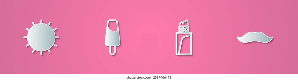 Set paper cut Sun, Popsicle ice cream, Burrito and Mustache icon. Paper art style. Vector