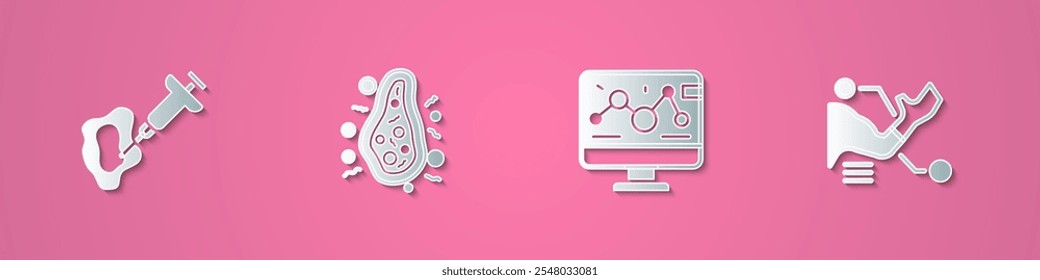 Set paper cut Syringe, Bacteria, Genetic engineering modification and Prosthesis hand icon. Paper art style. Vector