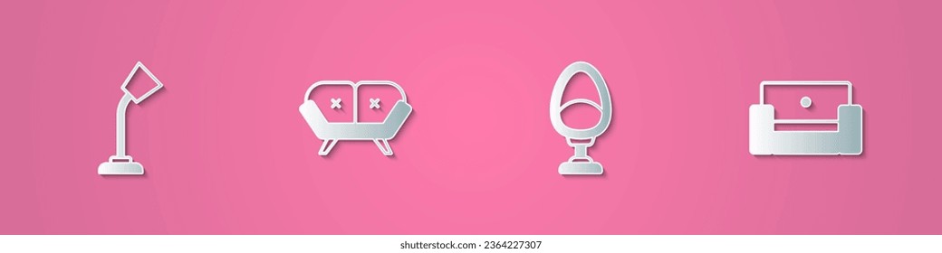 Fijar lámpara de mesa de corte de papel, Sofá, Sillón e icono. Estilo de arte de papel. Vector