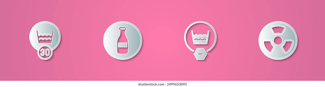 Set Papierschnitt Temperaturwäsche, Flasche, Zarte und Radioactive Symbol. Papierkunststil. Vektorgrafik