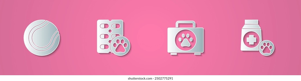 Set paper cut Tennis ball, Dog pill, Pet first aid kit and Bag of food icon. Paper art style. Vector