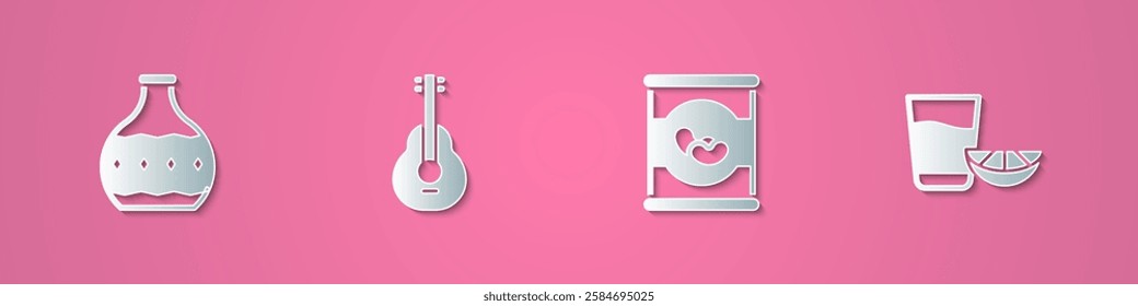 Set paper cut Tequila bottle, Mexican guitar, Beans in and glass with lemon icon. Paper art style. Vector