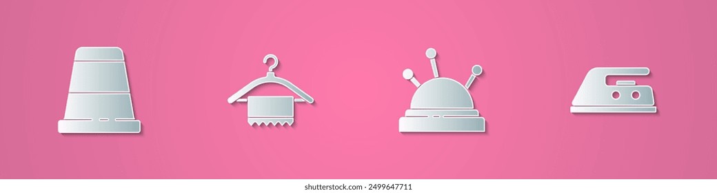 Set paper cut Thimble for sewing, Hanger wardrobe, Needle bed and needles and Electric iron icon. Paper art style. Vector