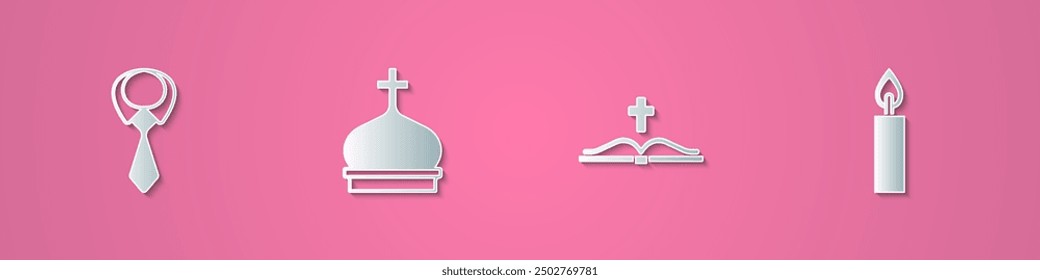 Set paper cut Tie, Church tower, Holy bible book and Burning candle icon. Paper art style. Vector