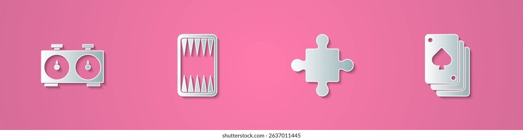 Set paper cut Time chess clock, Backgammon board, Puzzle pieces toy and Playing cards icon. Paper art style. Vector