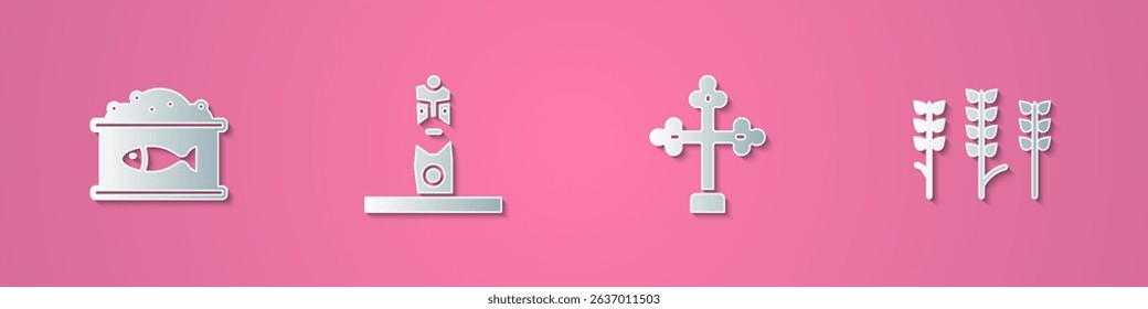Set paper cut Tin can with caviar, Slavic pagan idol, Christian cross and Wheat icon. Paper art style. Vector