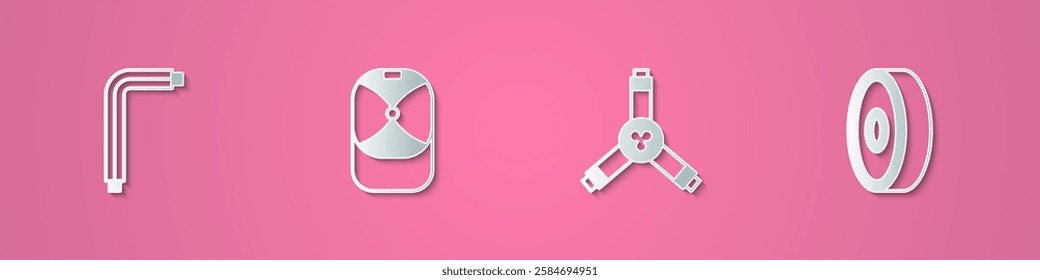 Set paper cut Tool allen keys, Baseball cap, Skateboard Y-tool and bearing icon. Paper art style. Vector