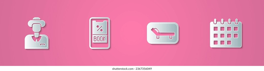 Set paper cut Tourist, Cruise ticket, Sunbed and umbrella and Calendar icon. Paper art style. Vector