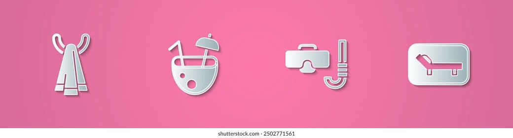 Set paper cut Towel on a hanger, Coconut cocktail, Diving mask and snorkel and Sunbed umbrella icon. Paper art style. Vector