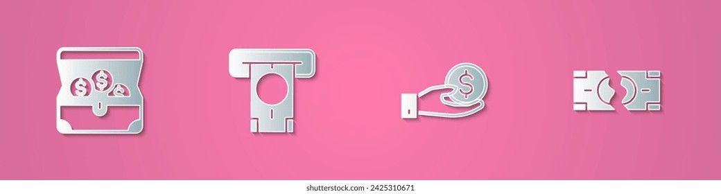Set Papier geschnitten Schatztruhe, Geldautomat und Geld, Hand geben und reißen Banknoten-Symbol. Papierkunststil. Vektor