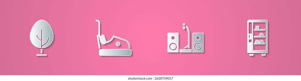 Set paper cut Tree, Bumper car, Home stereo with two speakers and Vending machine icon. Paper art style. Vector