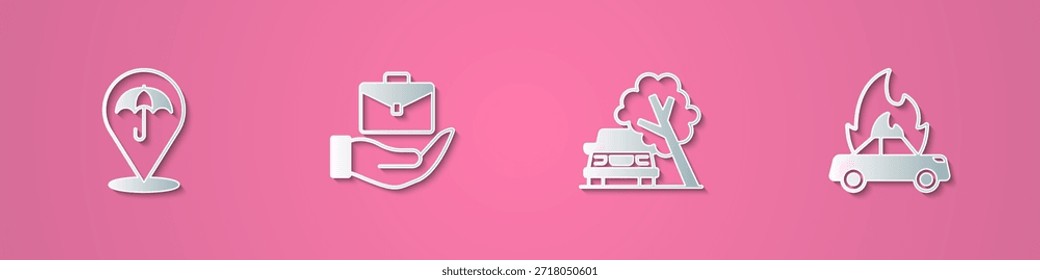 Set paper cut Umbrella, Hand holding briefcase, Car damaged by fallen tree and Burning car icon. Paper art style. Vector
