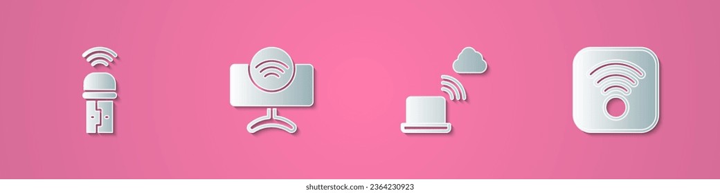 Set paper cut Usb wireless adapter, Smart Tv system, Network cloud connection and Wi-Fi internet icon. Paper art style. Vector