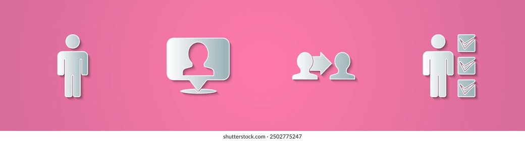 Conjunto de corte de papel Usuario de hombre, Locación con persona, base del equipo del proyecto y en el ícono del traje de negocios. Estilo de arte de papel. Vector