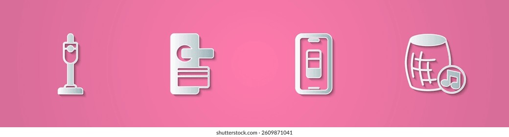 Set paper cut Vacuum cleaner, Digital door lock, Smartphone battery charge and Voice assistant icon. Paper art style. Vector