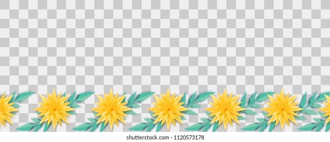 Set paper cut vector art. Chamomile bud origami transparent background. Floral banner design. Craft 3d plant eco card. Illustration green leaf lush template.