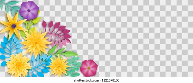 Set paper cut vector art. Colored chamomile bud origami transparent background. Floral banner design. Craft 3d plant eco card. Illustration green leaf lush template.