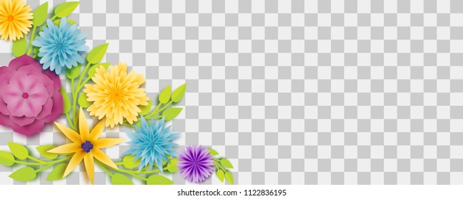Set paper cut vector art. Colored chamomile bud origami transparent background. Floral banner design. Craft 3d plant eco card. Illustration green leaf lush template.