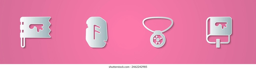 Set paper cut Viking flag, Magic rune, Necklace with gem and book icon. Paper art style. Vector