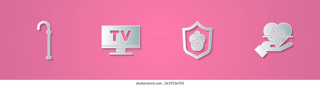 Set paper cut Walking stick cane, Smart Tv, Grandmother and Heart rate icon. Paper art style. Vector