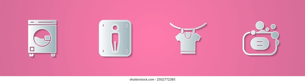 Set paper cut Washer, Male toilet, Drying clothes and Bar of soap icon. Paper art style. Vector