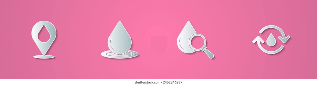 Set paper cut Water drop with location, , Drop and magnifying glass and Recycle clean aqua icon. Paper art style. Vector