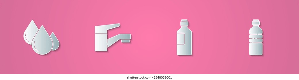 Set paper cut Water drop, tap, Bottle of water and  icon. Paper art style. Vector