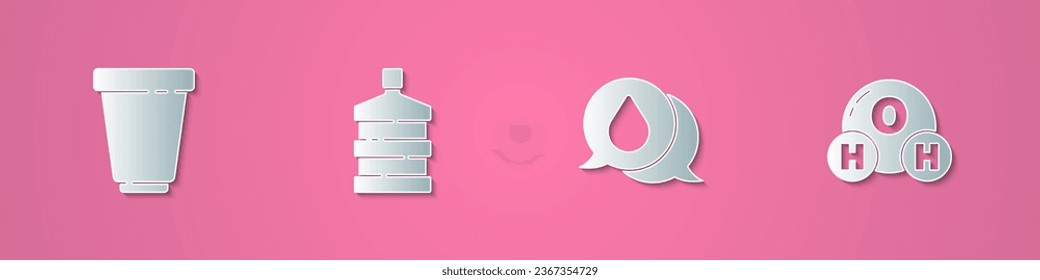 Set paper cut Water filter cartridge, Big bottle with clean water, drop speech bubbles and Chemical formula for H2O icon. Paper art style. Vector