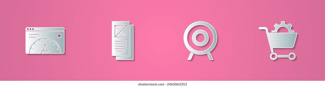 Stellen Sie die Papierschnitt-Website-Statistik, das Browserfenster, den Zielsport und das Warenkorb-Symbol ein. Papierkunststil. Vektorgrafik
