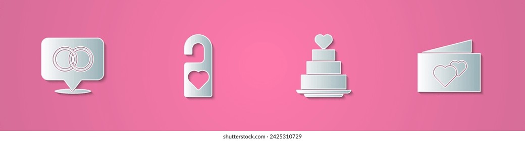Set paper cut Wedding rings, Please do not disturb, cake with heart and Greeting card icon. Paper art style. Vector