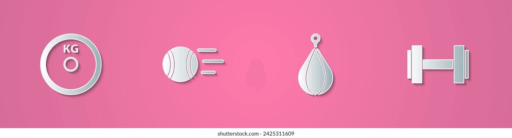 Set paper cut Weight plate, Tennis ball, Punching bag and Dumbbell icon. Paper art style. Vector