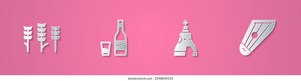 Definir o corte de papel Trigo, Garrafa de vodka com vidro, O sino de Czar e ícone de Kankles. Estilo da arte do papel. Vetor