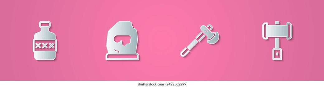 Set paper cut Whiskey bottle, Magic rune, Wooden axe and Battle hammer icon. Paper art style. Vector