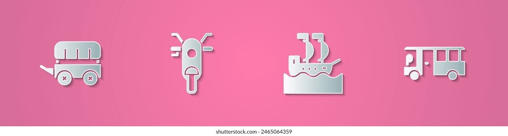 Set paper cut Wild west covered wagon, Scooter, Sailboat and Bus icon. Paper art style. Vector