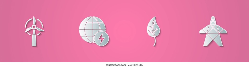 Set paper cut Wind turbine, Global energy power planet, Leaf or leaves and Electric tower icon. Paper art style. Vector