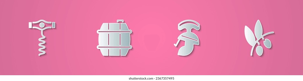 Set paper cut Wine corkscrew, Barrel for wine, Roman army helmet and Olives branch icon. Paper art style. Vector