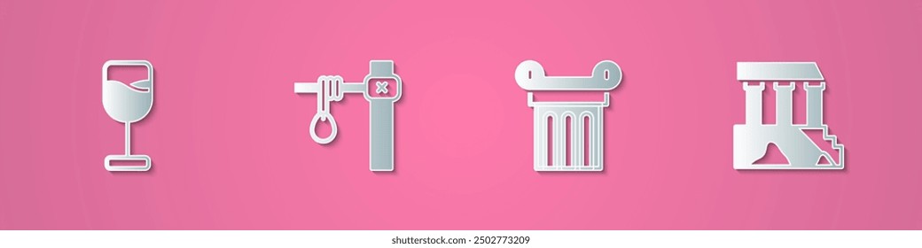 Set paper cut Wine glass, Gallows, Ancient column and Parthenon icon. Paper art style. Vector