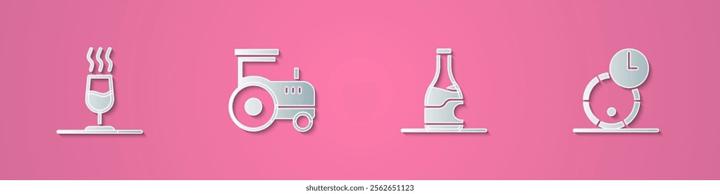 Set paper cut Wine tasting, degustation, Tractor, Bottle of wine and Wooden barrel for icon. Paper art style. Vector