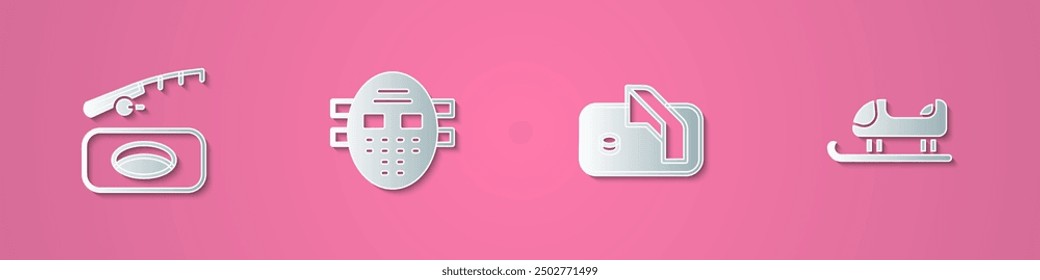 Set paper cut Winter fishing, Hockey mask, Ice hockey goal and Sled icon. Paper art style. Vector