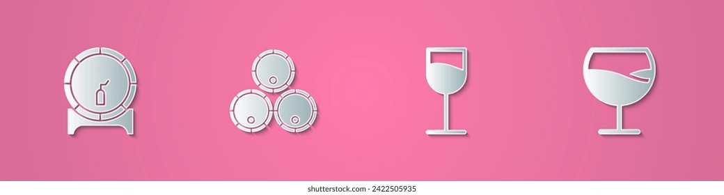 Set paper cut Wooden barrel on rack, barrels, Wine glass and  icon. Paper art style. Vector