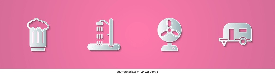 Set paper cut Wooden beer mug, Beach shower, Electric fan and Rv Camping trailer icon. Paper art style. Vector