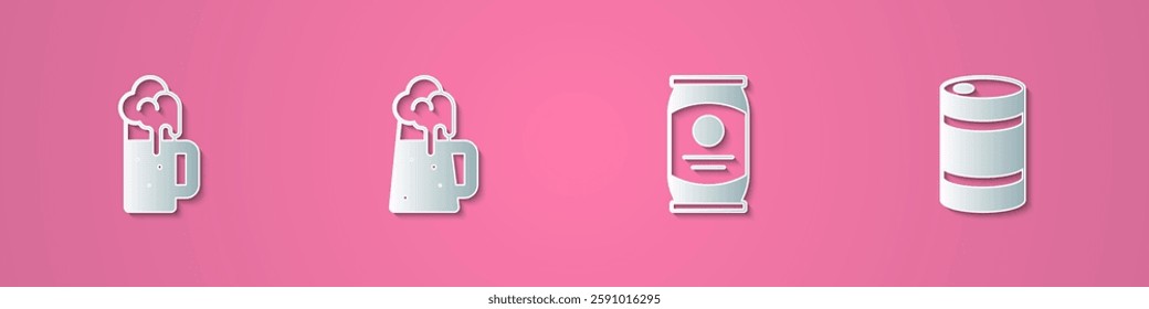 Set paper cut Wooden beer mug, , Beer can and Metal keg icon. Paper art style. Vector