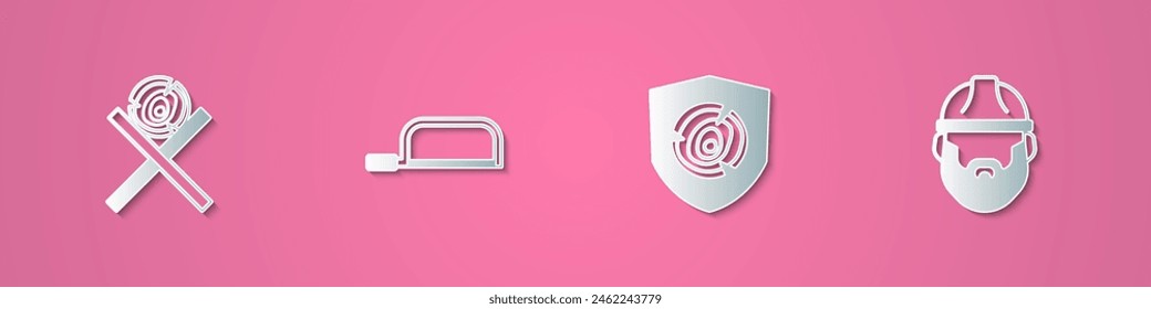 Set paper cut Wooden logs on a stand, Hacksaw,  and Lumberjack icon. Paper art style. Vector
