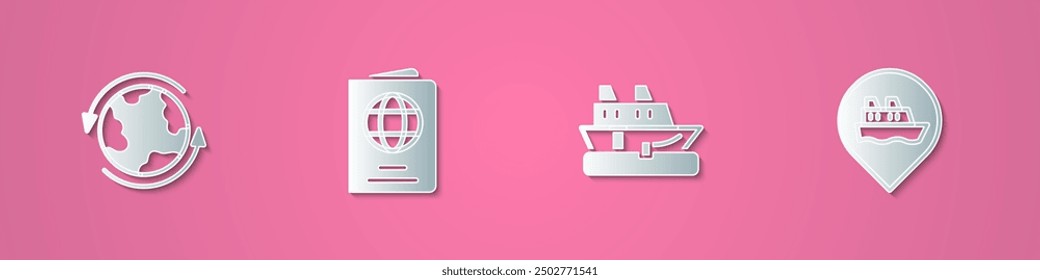 Set de papel cortado en todo el mundo, pasaporte, crucero y Locación con el icono de crucero. Estilo de arte de papel. Vector