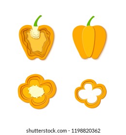 Set of paper cut yellow pepper. Vector paper cut design in the form of Sweet orange pepper for design of food packaging. Vector illustration. Paper art style paprika. Origami concept.