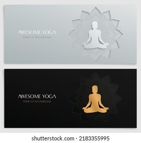 Set of paper cut yoga banner with copy space in two variants. Perfect for brochures, banners and posters. 