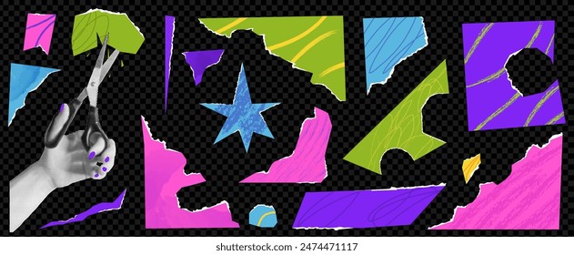 Conjunto de Formas de recorte de papel elemento con mano de collage con la mano sosteniendo las tijeras. Estrella y borde del marco. Pegatinas de póster. kit de Vector. Colores llamativos. Efecto de semitonos de moda en transparente como un png